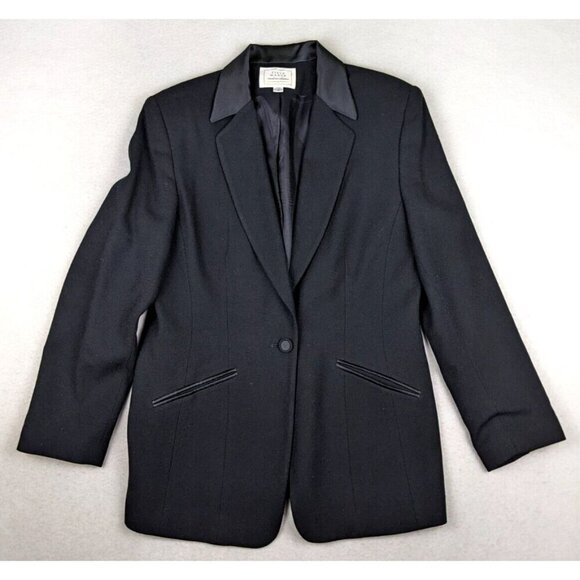 FIELD MANOR - WOMEN'S BLACK 100% WOOL ONE-BUTTON BLAZER SUIT JACKET - SIZE 10 - Picture 1 of 6